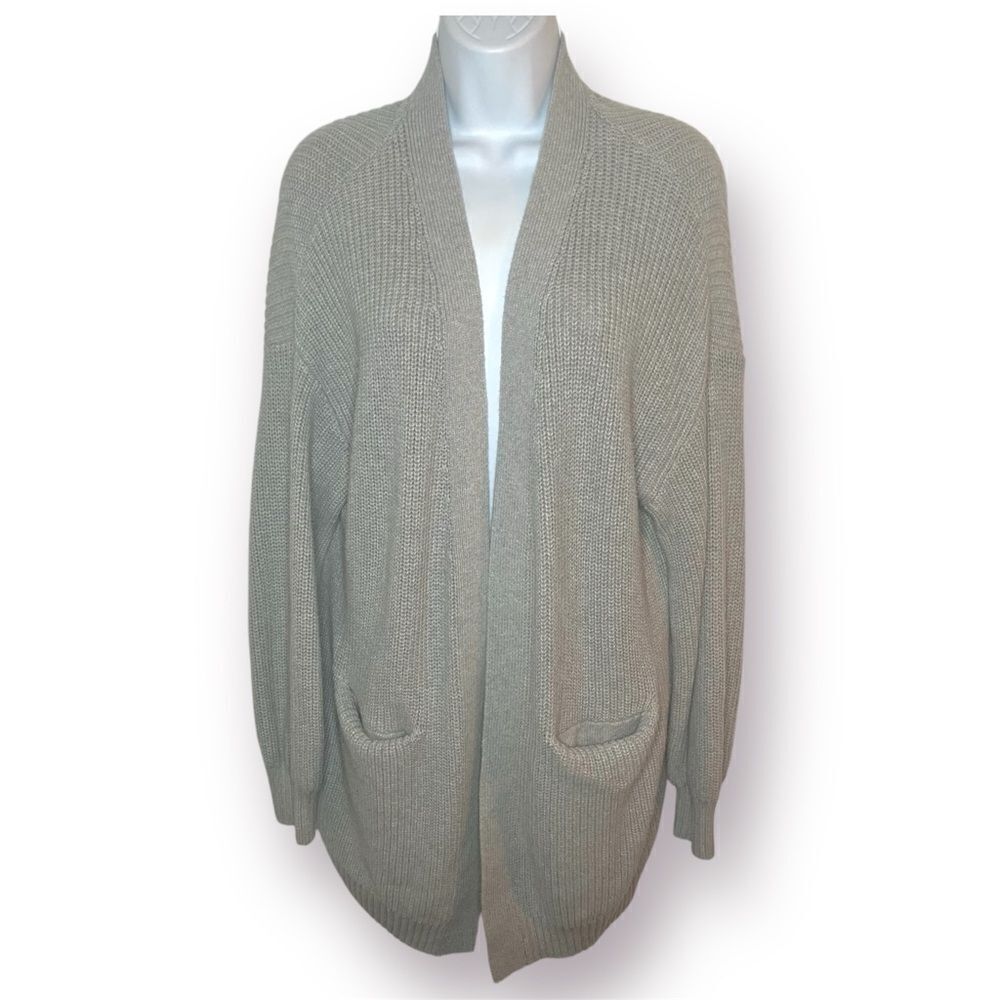 Tahari Gray Cotton Luxe Open Front Cardigan Pockets M